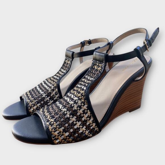 Cole Haan Maddie Open Toe Wedge Sandal US 9 Black Brown Woven Boho Chic Neutral - Picture 4 of 11